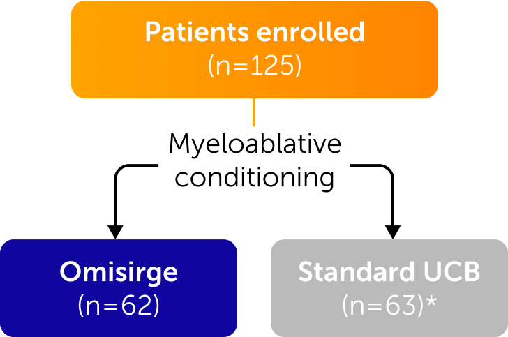 Diagram depicting the different randomized treatment arms in the Omisirge phase 3 trial.